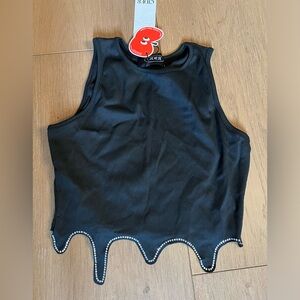 Black ribbed cropped tank top with rhinestone detail